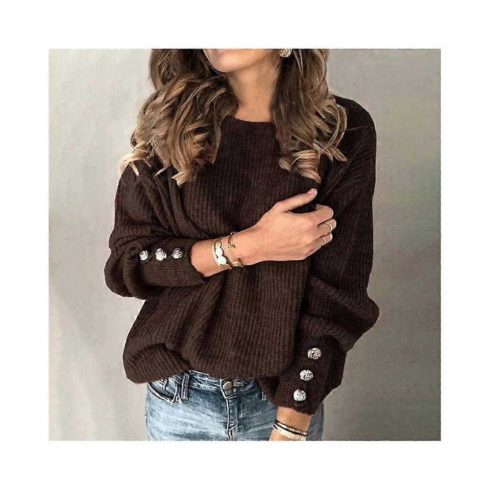 Women Ribbed Sleeve Knit Sweater with Buttons Loose Round Neck Outer Pullover Sweater-coffee