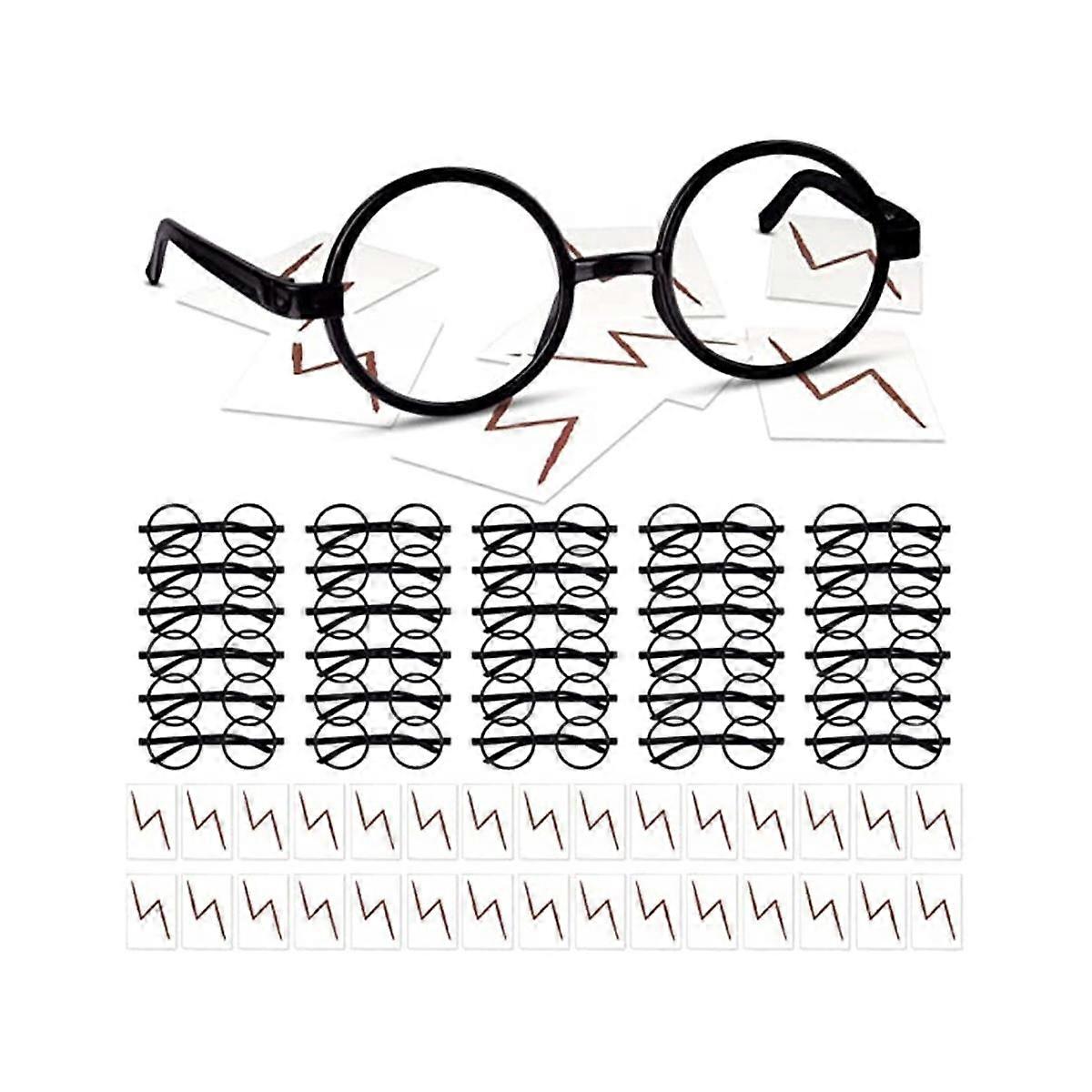 30 Pieces Wizard Round Glasses Frame No Lenses Eyeglasses with 30 Pieces Bolt Tattoos for Kids Hall
