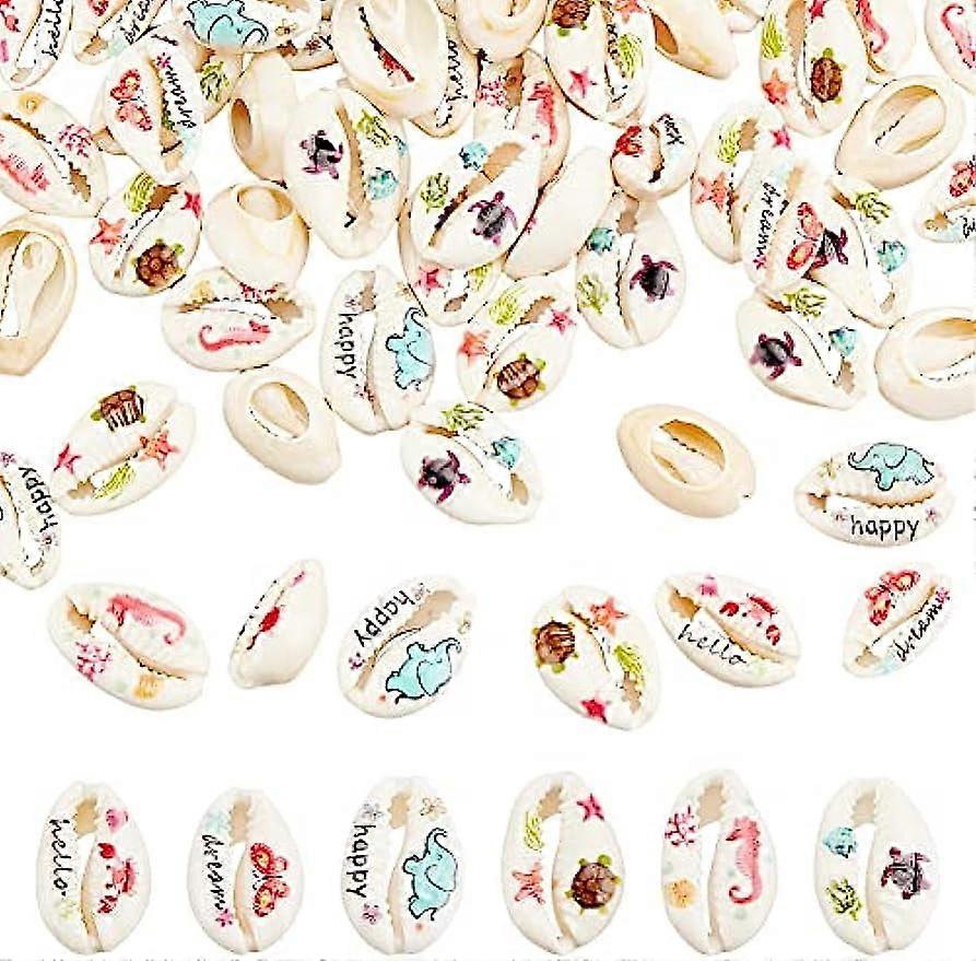 60pcs Open Back Spiral Shell Beads Natural Cowrie Shells Flower Printed Shells Oval Seashells Beach Seashells