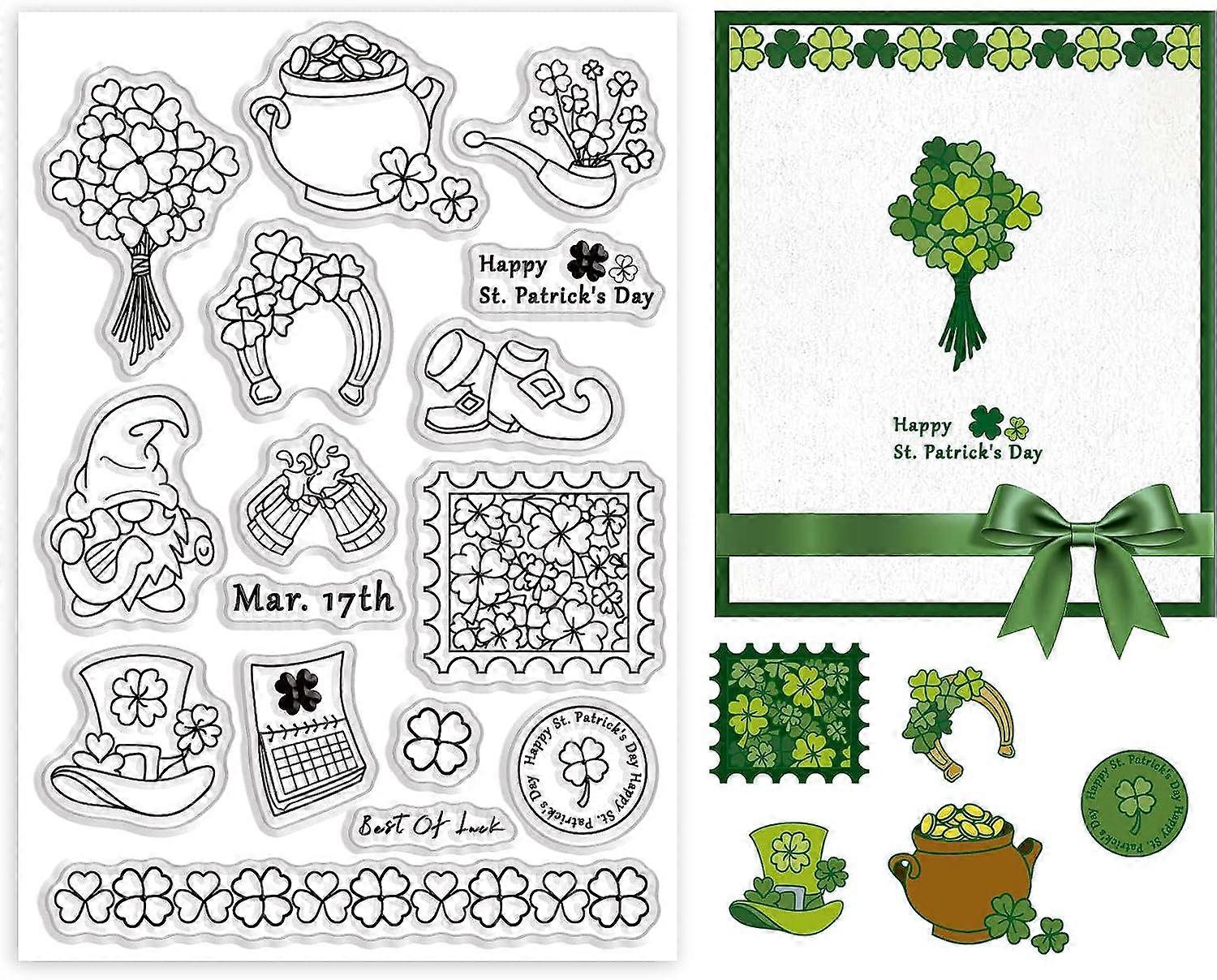 1sheet St. Patrick's Day Clear Stamps Lucky Grass Frame Silicone Stamps Hat Shoes Rubber Transparent Seal Stamps