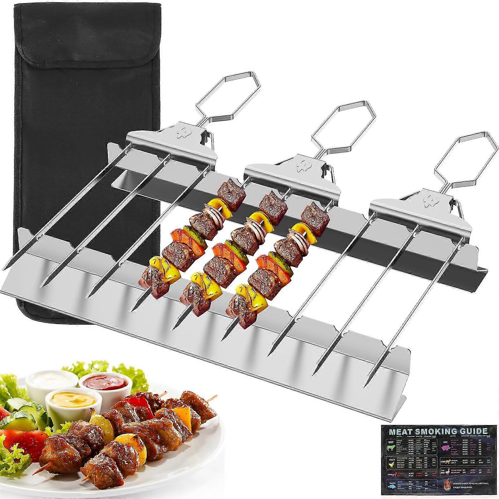 3 Way Stainless Steel Skewers for Grilling, Grill Skewers Set with Meat BBQ Guide Silicone Brush,Metal Skewers,BBQ Accessories -GSLA