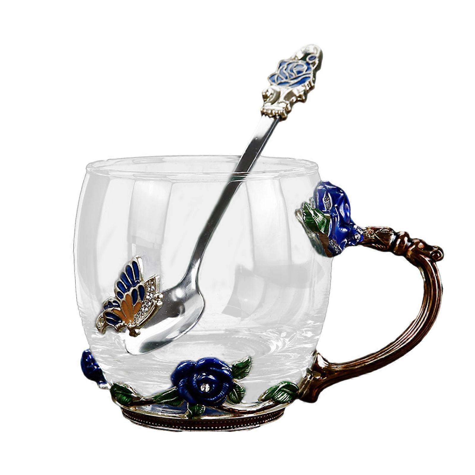 Emaliowane zestawy filiżanek do herbaty z kwiatem motyla z łyżeczką i pokrywką Szklany kubek do kawy Matki
