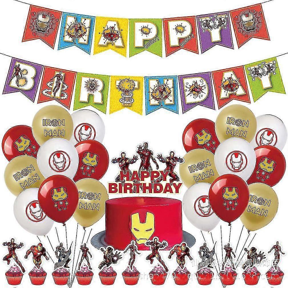 KINZON 32pcs Iron Man Balloon Kit Latex Balloons With Banner Cake Toppers For Birthday