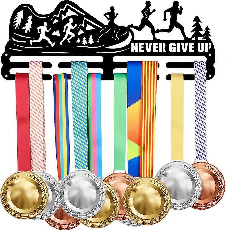 Sports Theme Iron Medal Hanger Holder Display Wall Rack with Screws Word Never Give Up Running Pattern 150x400mm