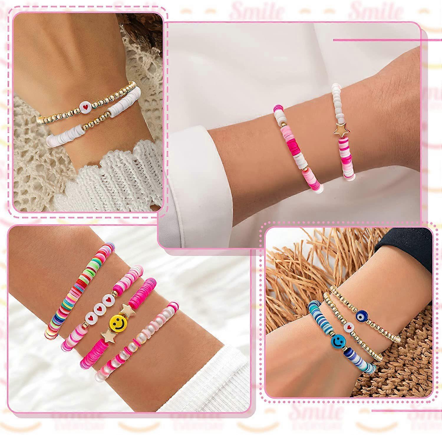 Heishi Surfer – Set 7 Braccialetti Elastici Donna Con Perline In Argilla E Occhio Malocchio – Stile Boho, Y2K, Impilabili