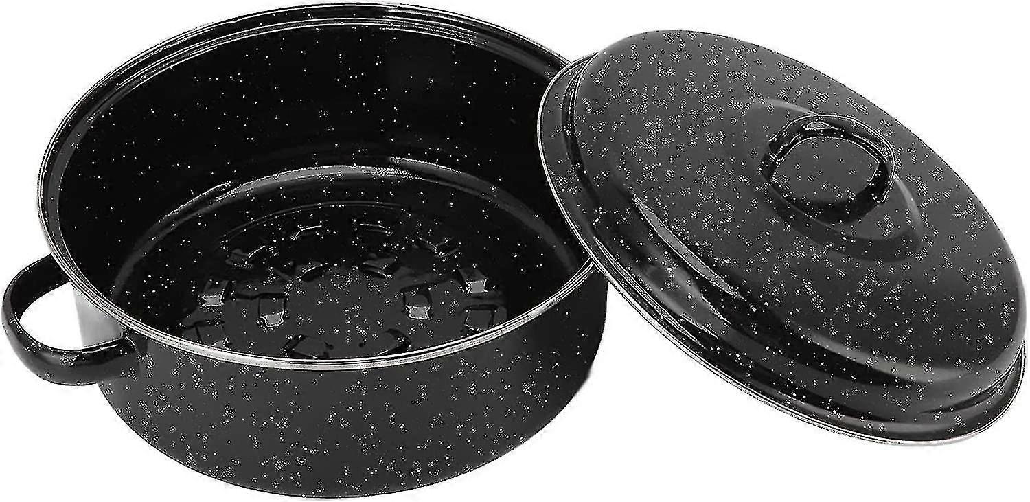 Covered Round Roaster, Non Stick Roasting Pan With Lid And Shelf,enamel Broiler Pan (24cm)