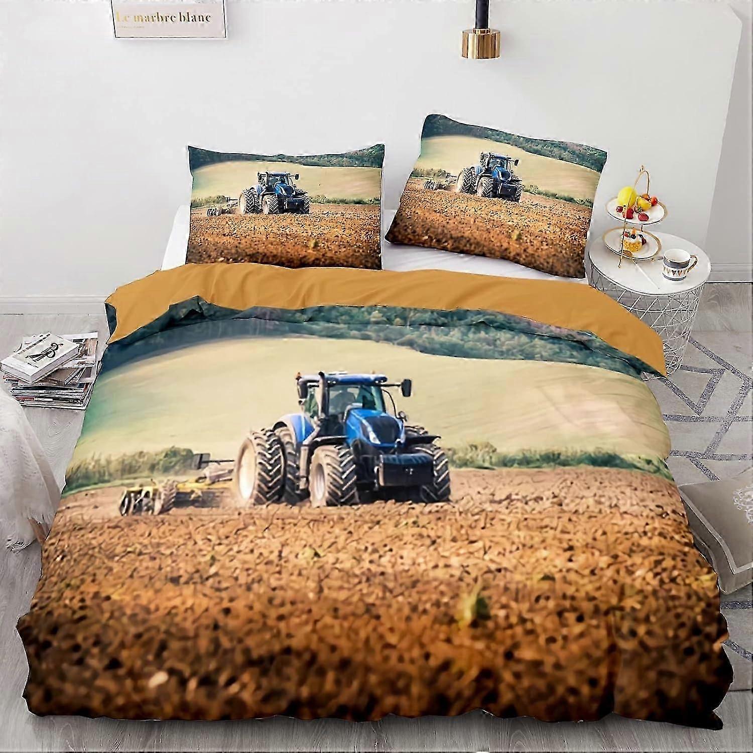J3846 Lençóis de Cama Trator Padrão Conjunto de Capa de Edredom Tamanho Duplo 200x200cm, Conjunto de Cama de Colheitadeira de Caminhão 3 Peças Capa de Colcha de Microfibra Macia com Z