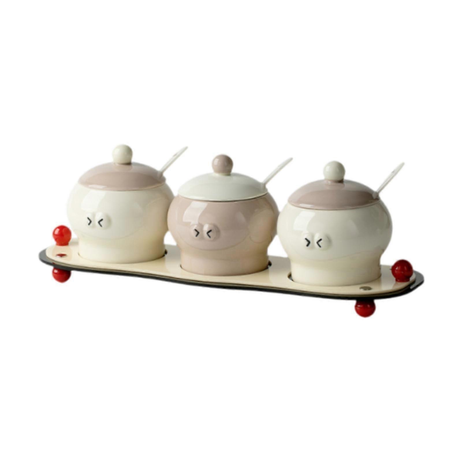 Ceramic Condiment Jars with Lid Spoon and Tray, Porcelain Seasoning Pots, Sugar