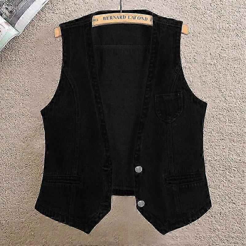 "ThreeThree Denim Vest Kvinners Kort Vår og Høst All-match Slim Ermeløs Jakke Vest Enkeltspent Enspent Ensfarget Topp"