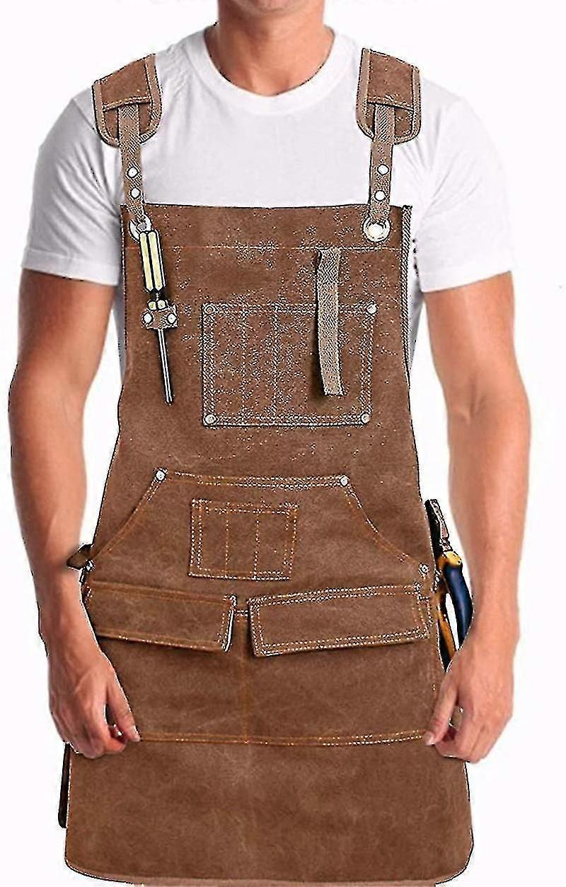 Heavy Duty Waxed Canvas Working Tool Apron With 9 Pockets, Adjustable Strap Aprons, Yellow Sx