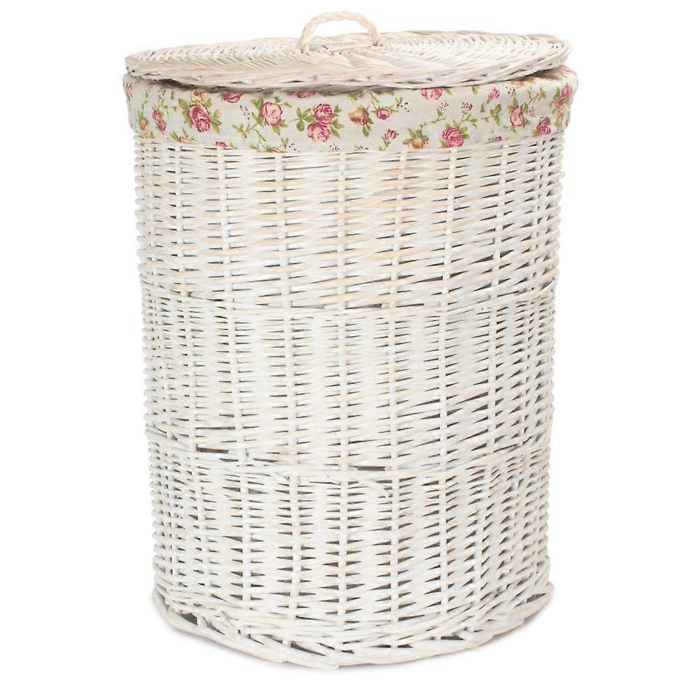 White Wash Round Wicker Laundry Basket With Lining