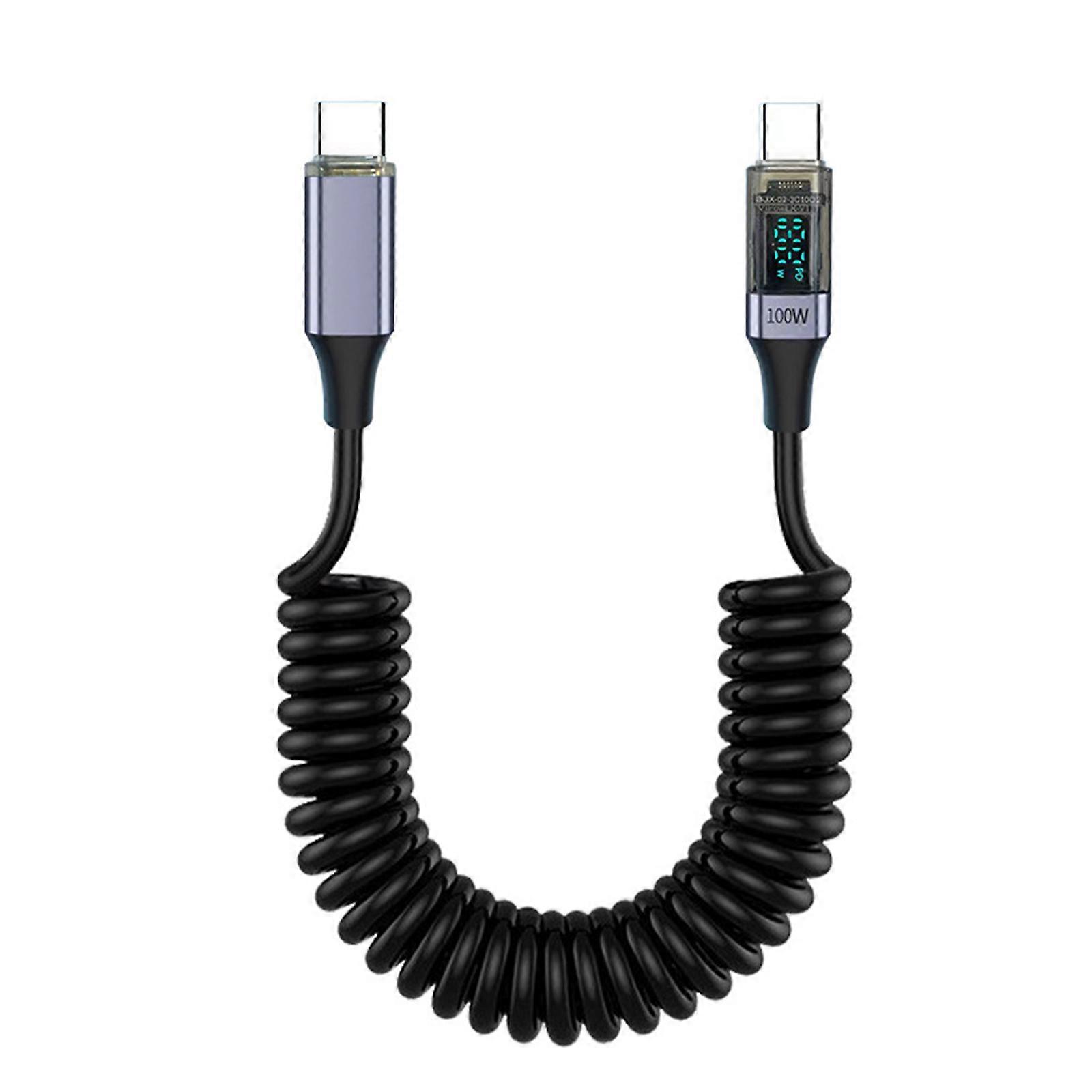 Intelligent Display Type C Quick Charging Cable with Retractable Spring Line Supports 100W Power Delivery  Grey