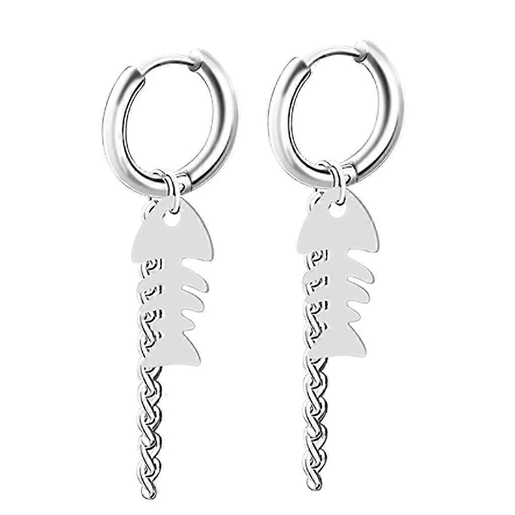 Fish Bone Skeleton Chain Stainless Steel Dangle Studs Earring Piercing