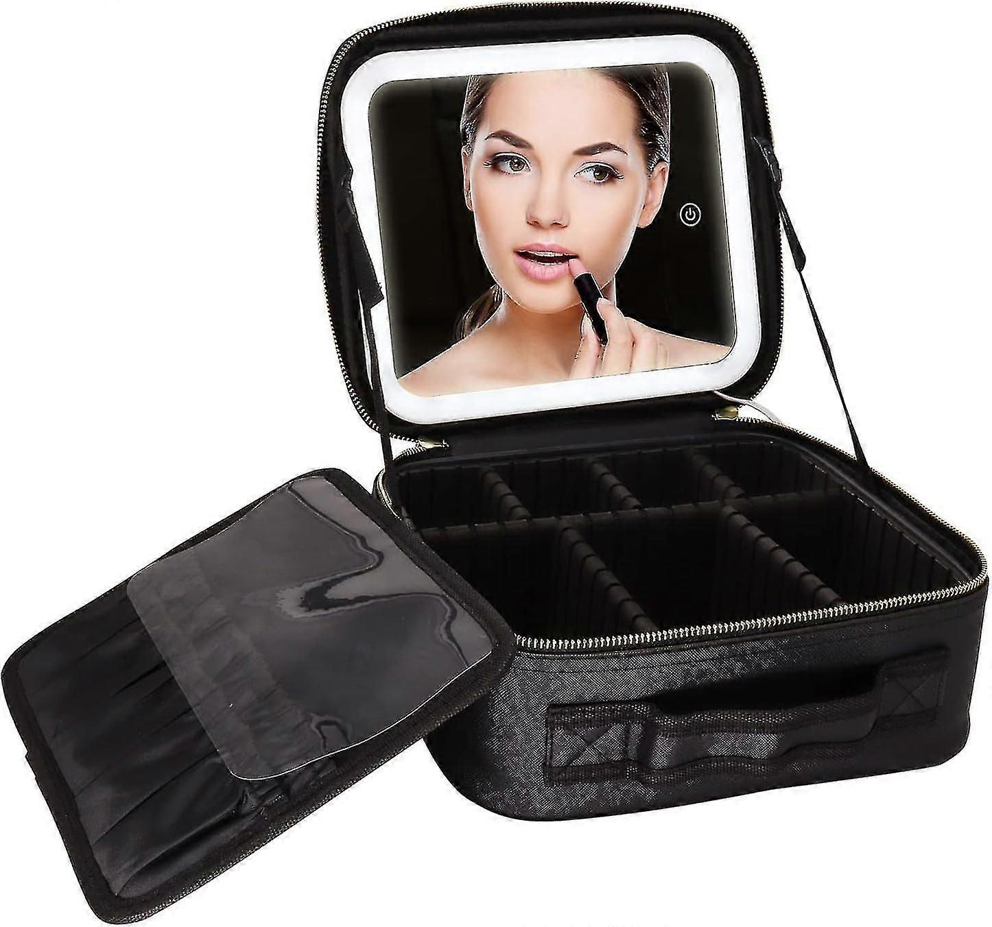 Makeup Bag With Mirror And Light, Travel Makeup Bag Organizer With Adjustable Dividers, Makeup Case With Detachable Adjustable Makeup Light Mirror (pi