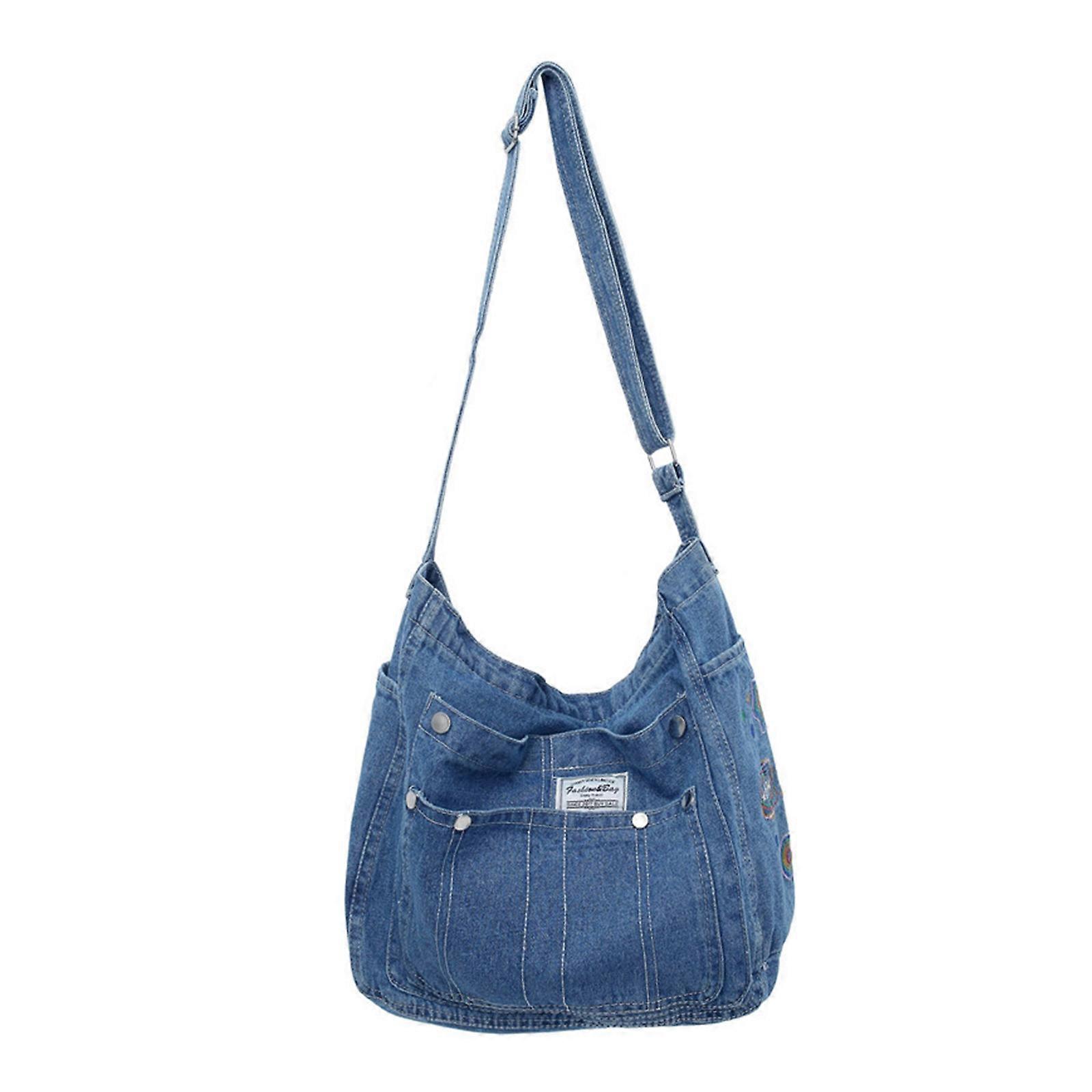 תיק כתף מזדמן תיק ג'ינס אופנתי ומרווח תיק יד אופנתי עם אחסון בשפע תיק פונקציונלי לנשים בנות תכלת