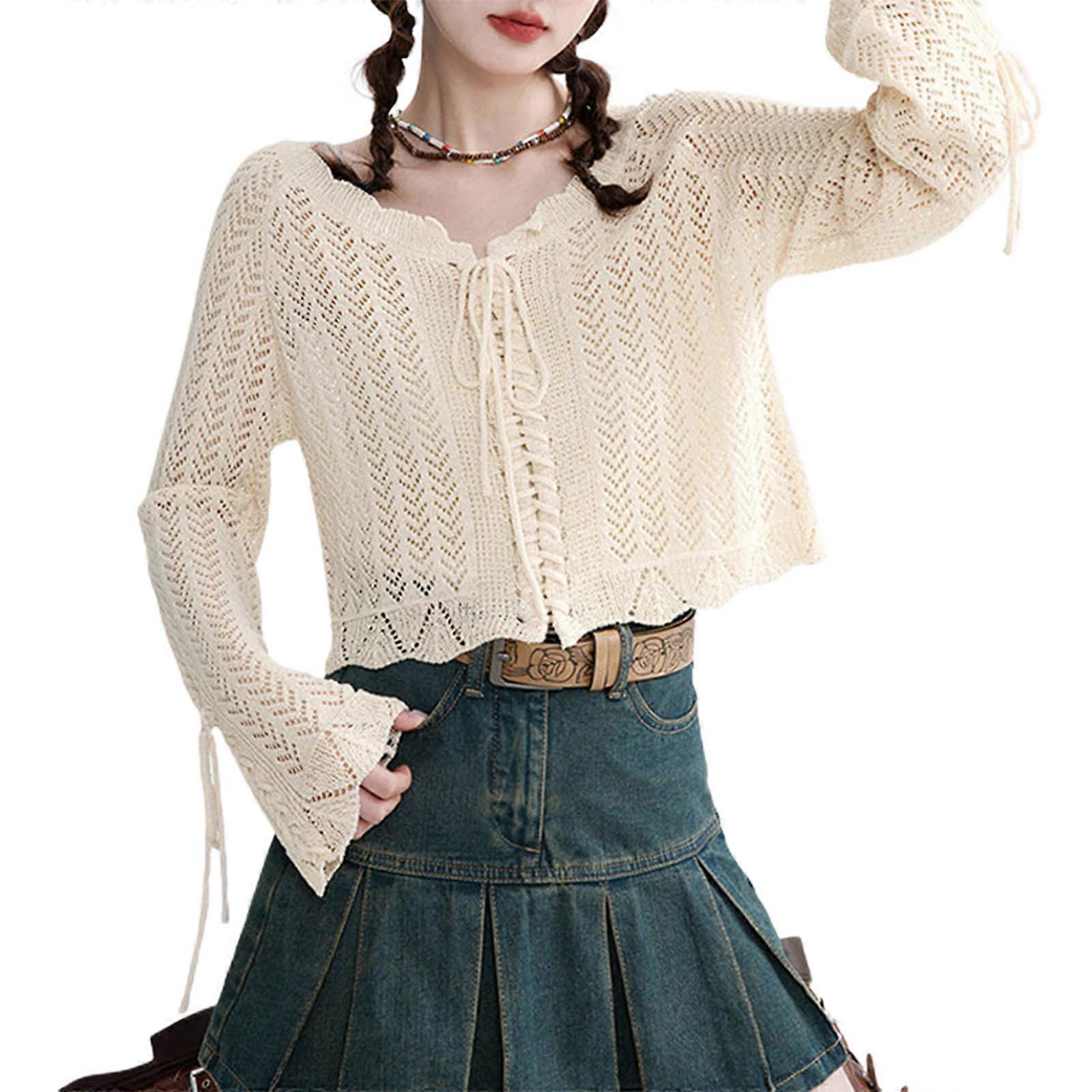 Hollows Knitted Ribbed Shirts Drawsting Sweet Style Lacy Neckline Long Sleeves Apricot Solid Color Top for Womens  One Size apricot