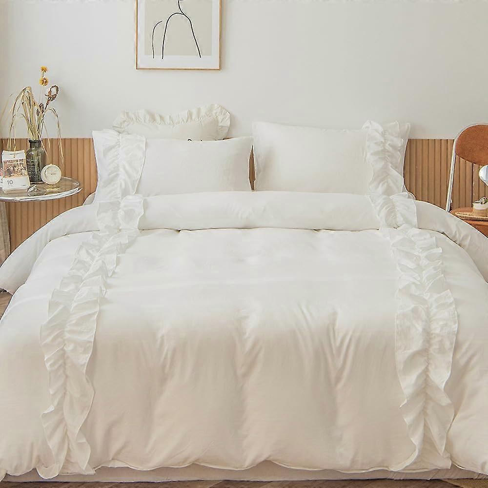 1 Set Duvet Cover Set Breathable Soft Comfortable Ruffle Solid Color Microfiber Bedding Queen Size