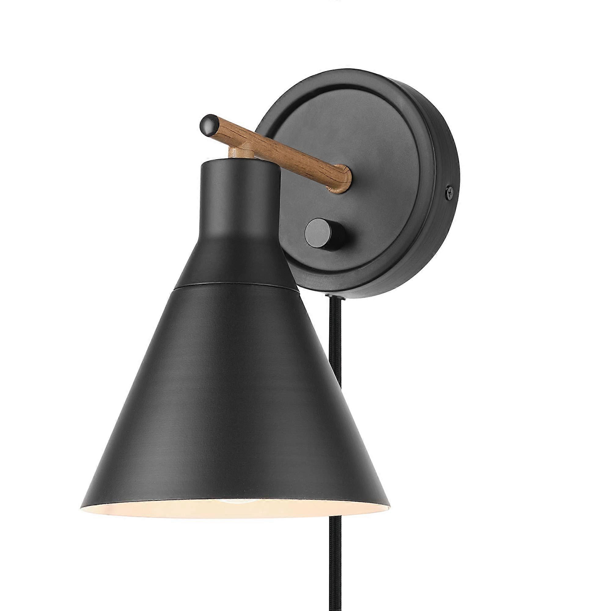 Electric 51725 Matte Black Dimmable Wall Sconce with Faux Walnut Accent, Plug-in/Hardwire, Black Fabric Cord, Bulb Not Included