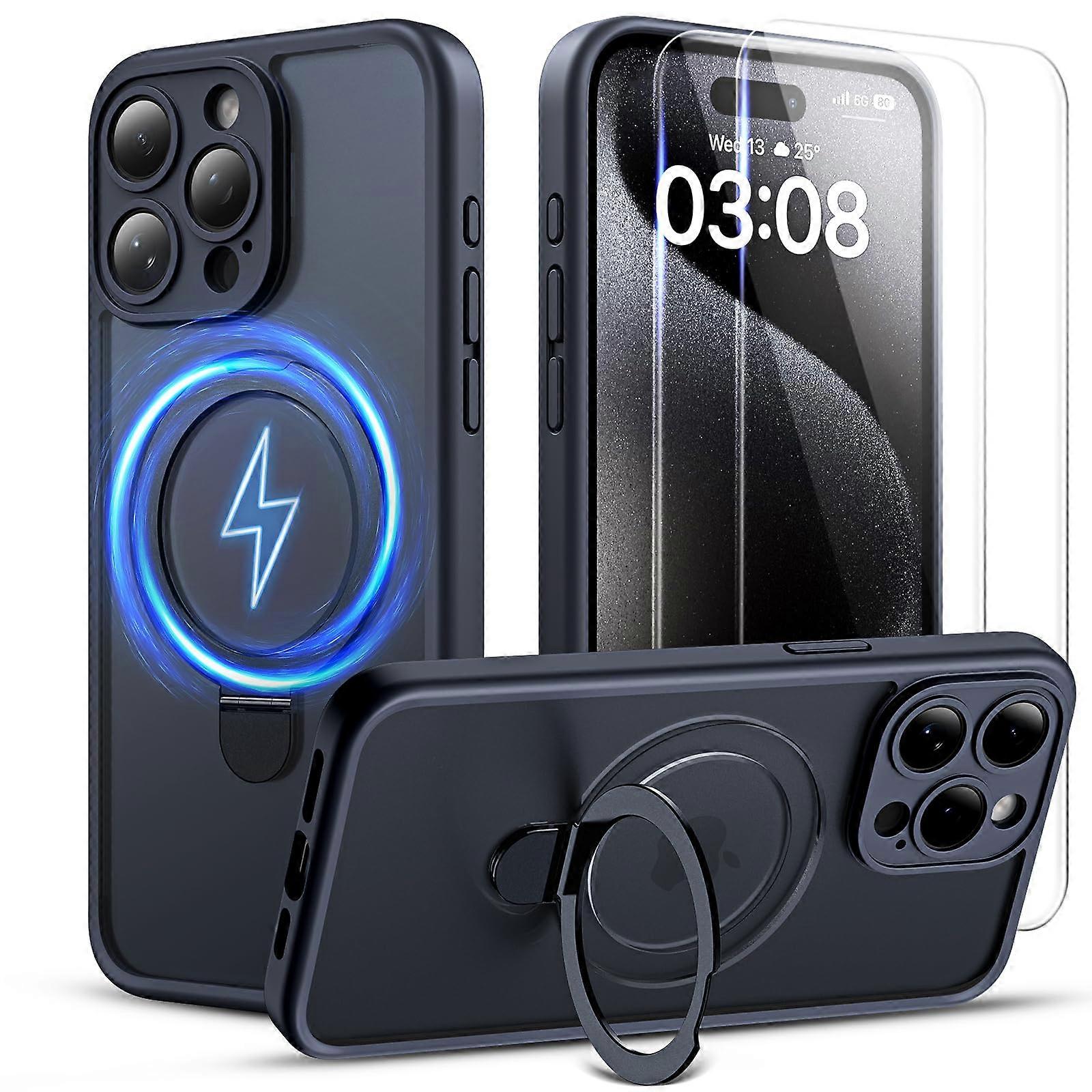 Magnetic Ring Stand for iPhone 15 Pro Upgraded Case, Full Camera Protection, Compatible with MagSafe