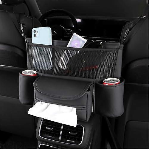 Car Purse Holder Between Seats, Leather, Large Capacity Front Seat Organizer, Seat-Back Net Bag, Tissue Storage, Black