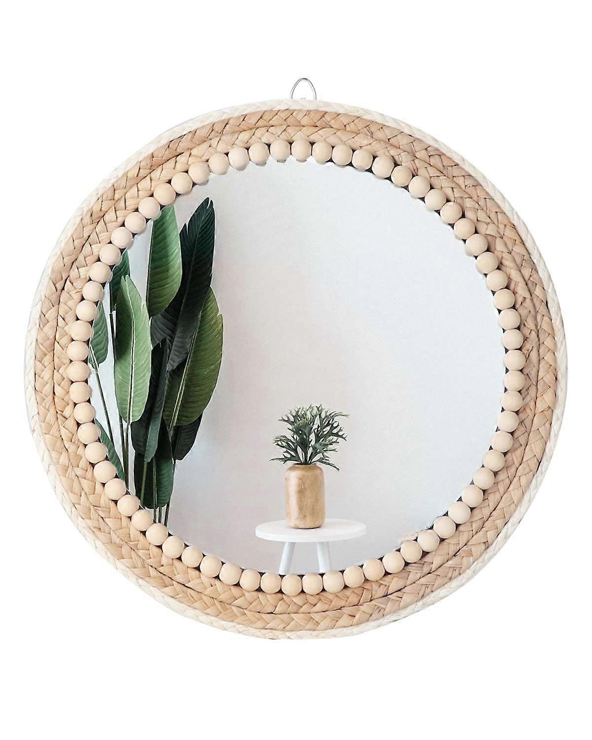 Boho Wall Mounted Round Mirror 15 Inch Circle Decorative Rattan Hanging Mirror for Bedroom, Living Room Bathroom