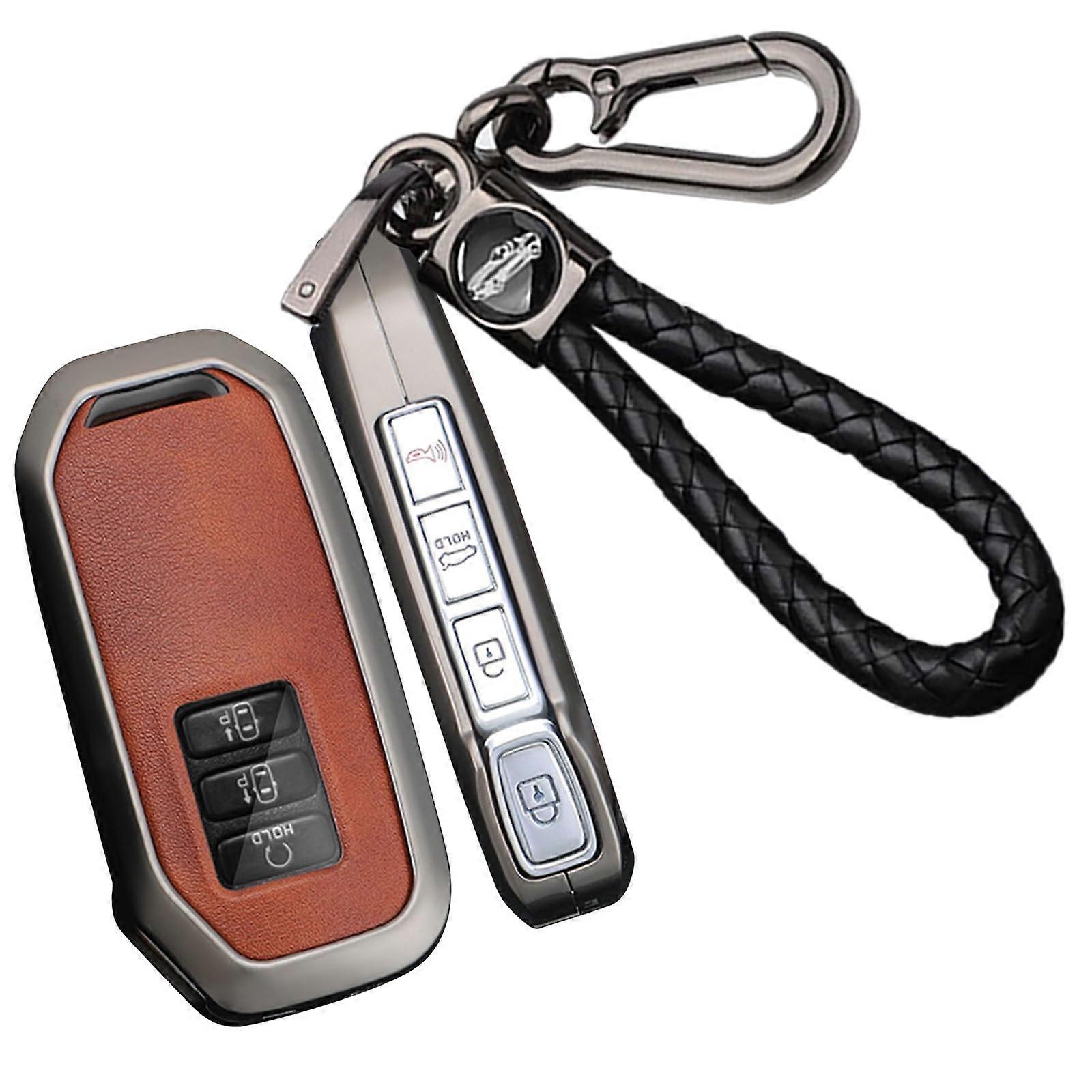 Leather 7 Button Key Fob Cover for Kia EV6 K5 Seltos DL3 Carnival MQ4 Niro Smart Key Case with Weave Keychain Black Brown