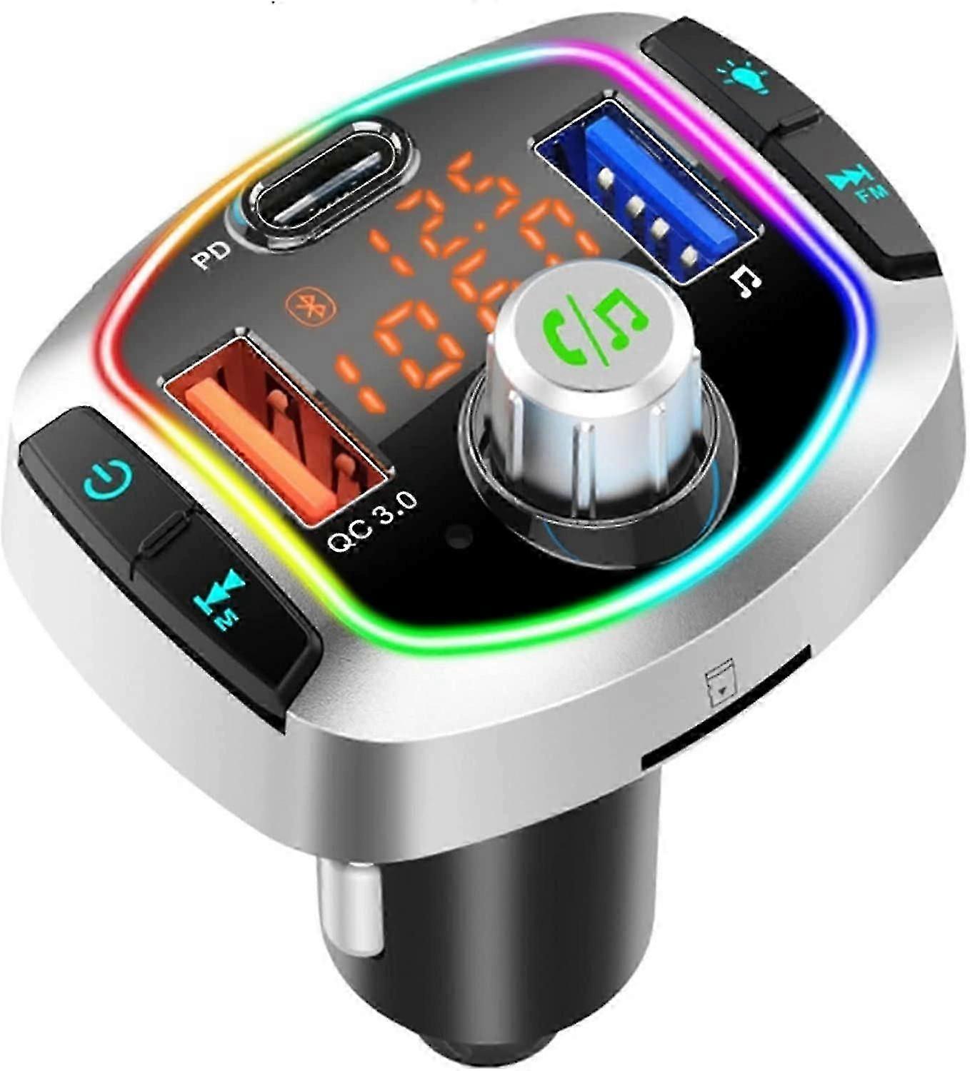 Bluetooth Fm Transmitter, 7 Colors Led Bluetooth 5.0 Car Radio Adapter Mp3 Player Kit, With Pd 18w Qc3.0 Quick Car Charger, Usb Ports 5v/1a, Support