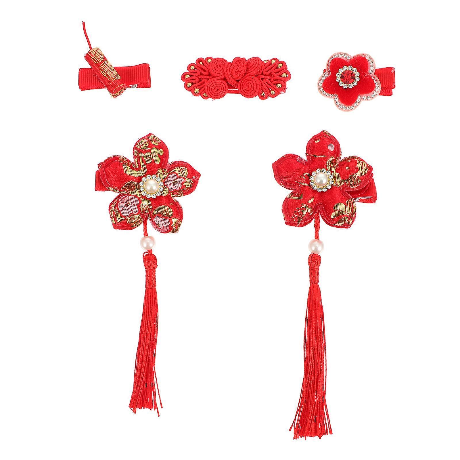 Chinese Hair Pin Retro Tassels Barrettes Stage Performance Dancing Parties Red 5Pcs