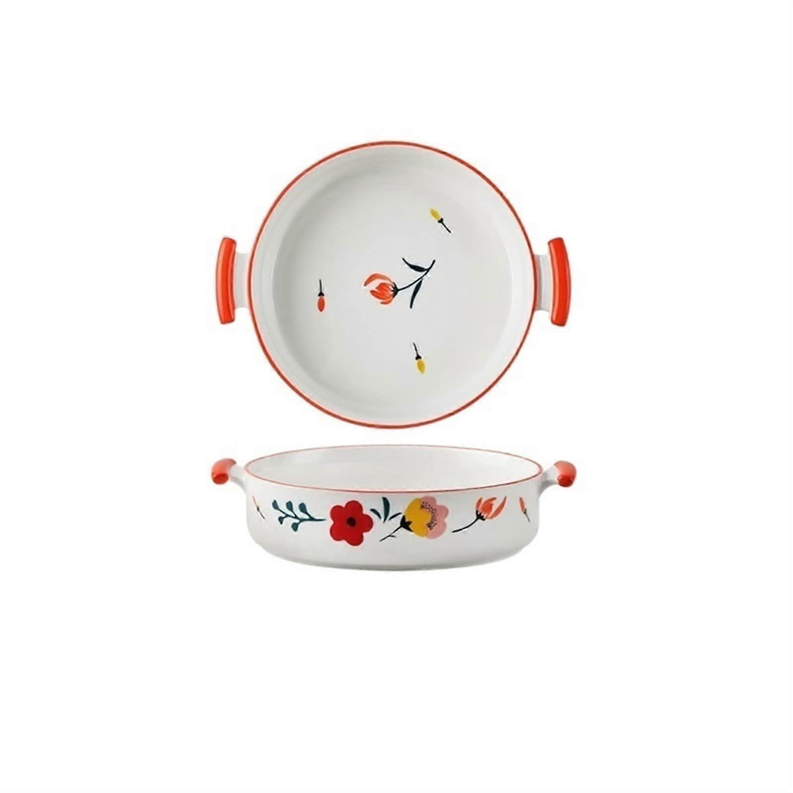 Ceramic Soup Bowl with Double Ears, Hand-Painted, Glazed, Heat-Resistant, Large Minimalist Design with Red Line