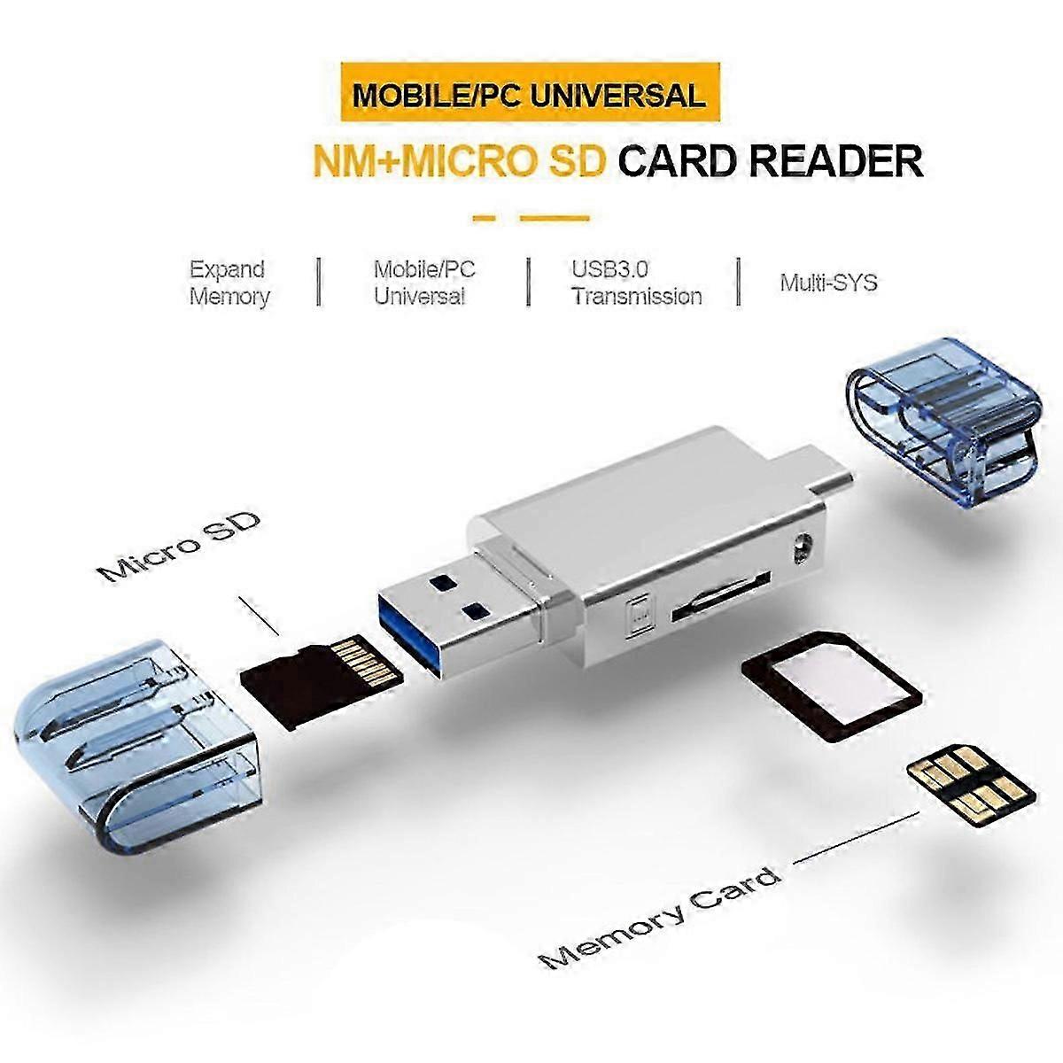 USB-C نوع C / USB 2.0 إلى NM نانو بطاقة الذاكرة TF مايكرو SD قارئ بطاقة للهاتف الخليوي والكمبيوتر المحمول