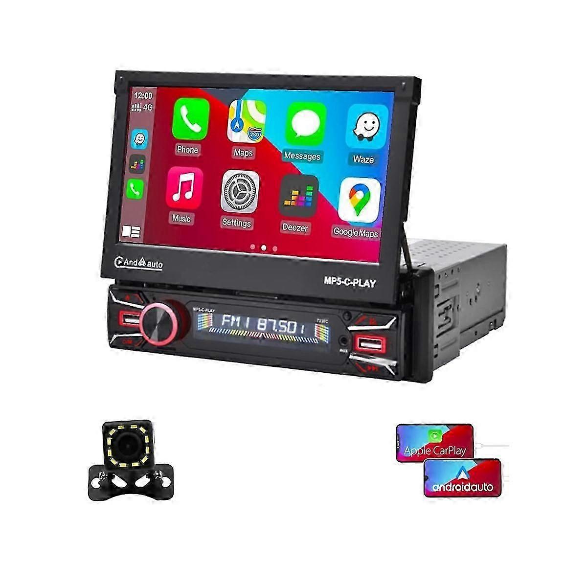 1din Car Wireless Carplay Android Auto 7in Electric Flip Out Touch Screen Car Radio Bluetooth Camera