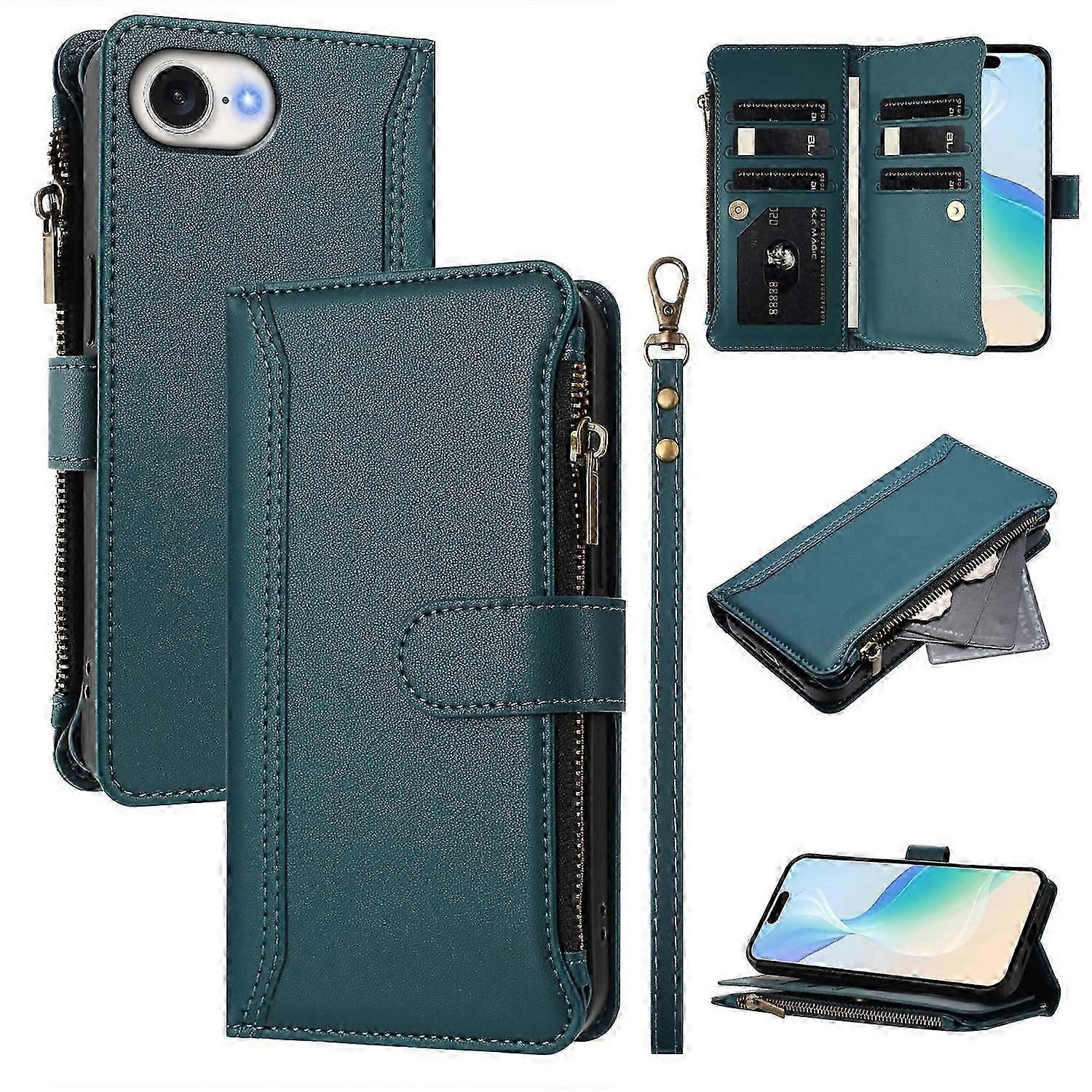 For iPhone 16e Leather Case 9 Card Slots Zipper Wallet Stand Phone Cover with Wrist Strap - Black