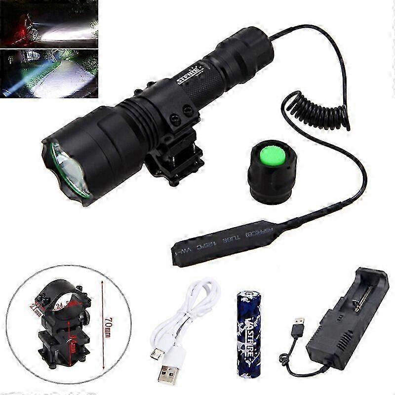 Tactical Hunting Torch T6 White LED Light with Rifle Mount, Remote Pressure Switch, 18650 Battery, and USB Charger