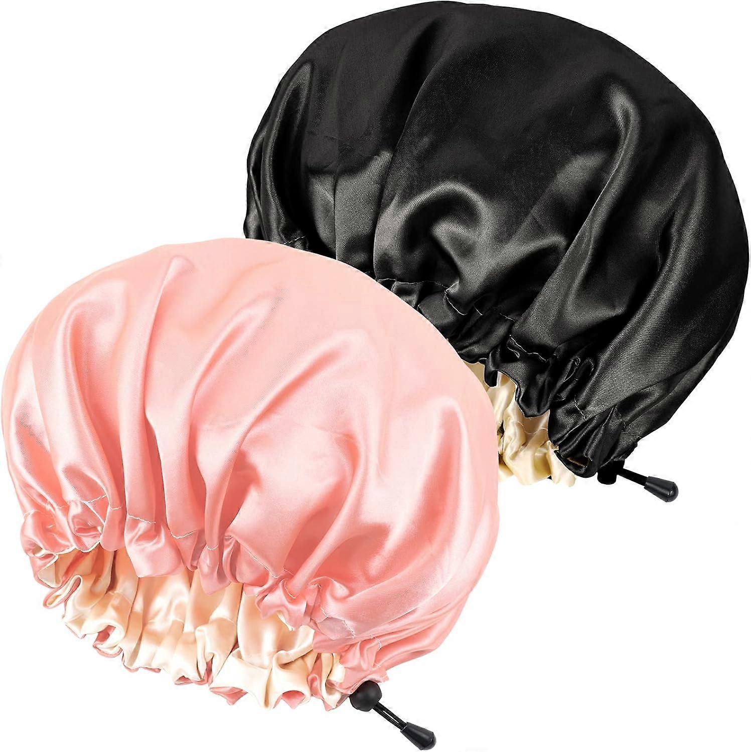 2PCS Satin Sleeping Caps, Adjustable Double-Sided, Sleeping Caps (1 Black + 1 Pink)