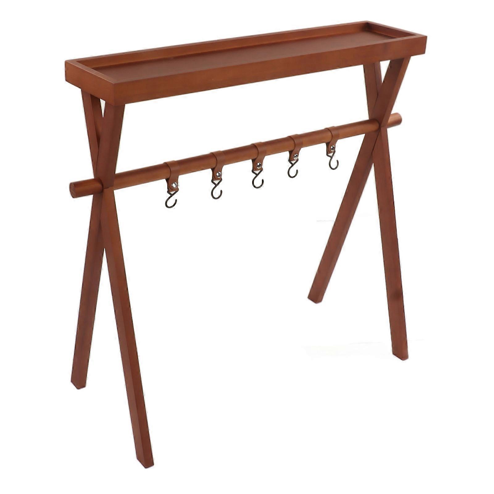 Folding Beach Table Retro Portable BBQ Solid Wood Table with Shelving Hanger for Outdoor Garden Backyard Style 2 