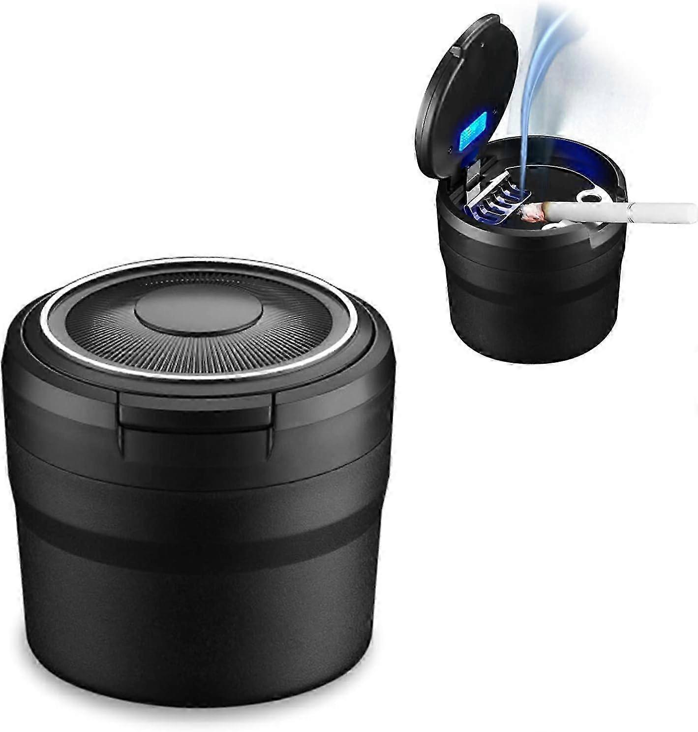 LED Light Car Ashtray with Flip Lid - Portable, Self-Extinguishing, Detachable, and Easy to Clean for Travel (Black)