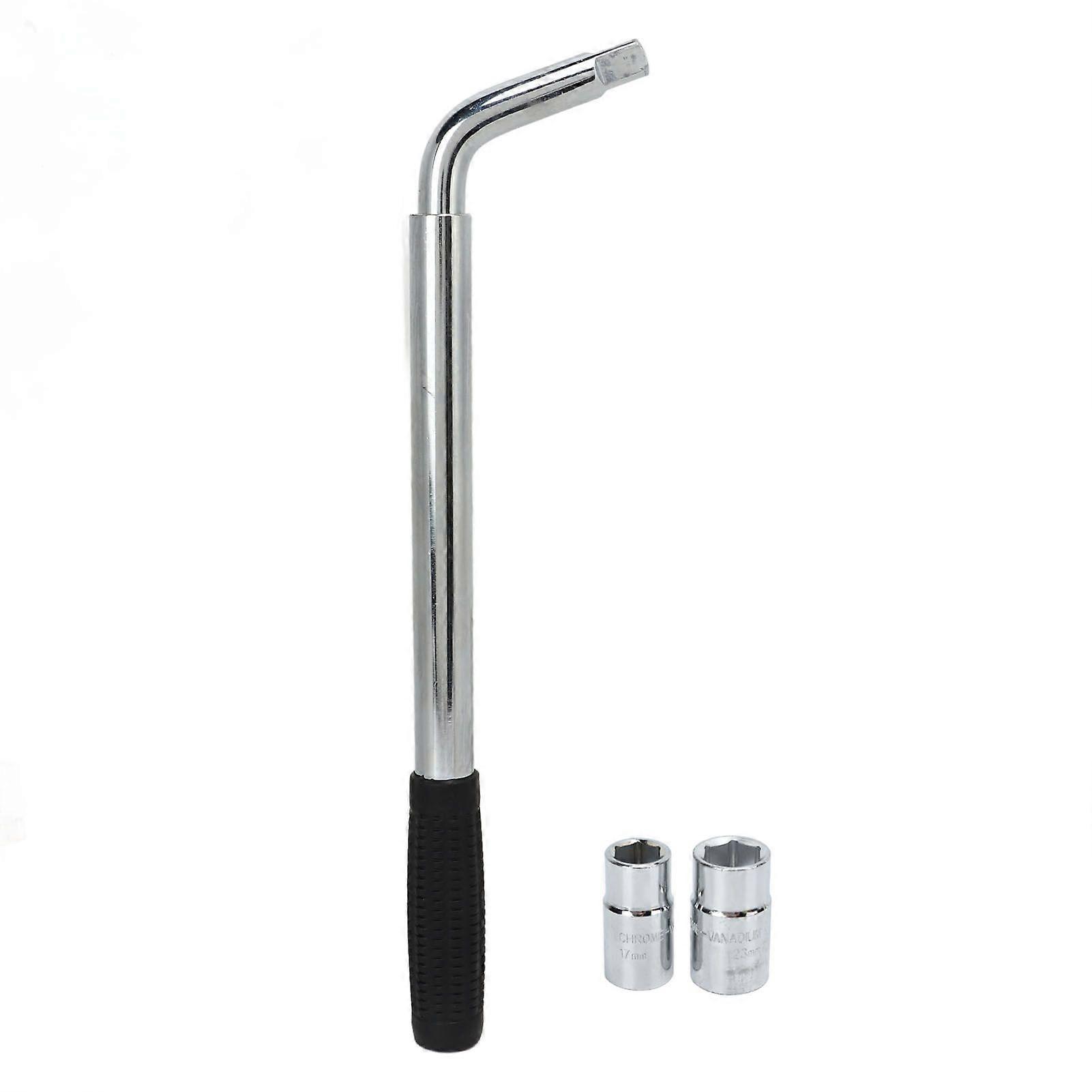 Telescoping universal lug wrench extendable with 2 sockets 17 19mm 21 23mm