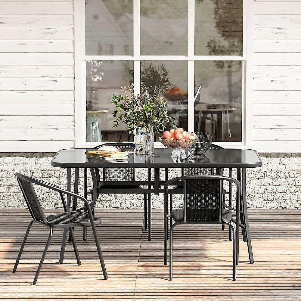 Set of 5 Outdoor 150CM Rectangle Umbrella Table and Stackable Chairs Set