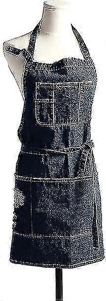 Denim Apron, Unisex Adjustable Bib Apron With Pockets For Cooking Kitchens Short Dark Blue