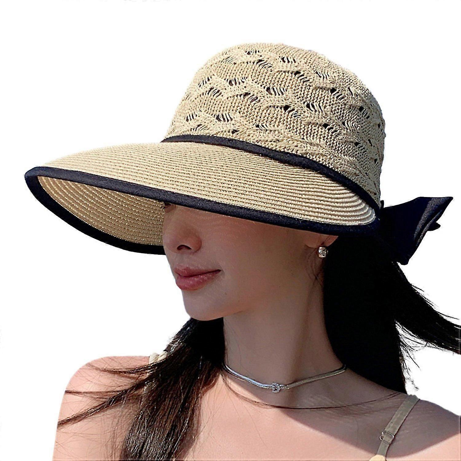 Hollow Out Round Dome Straw Hat Back Bowknot Decor Folding Wide Large Brim Pure Color Beach Hat