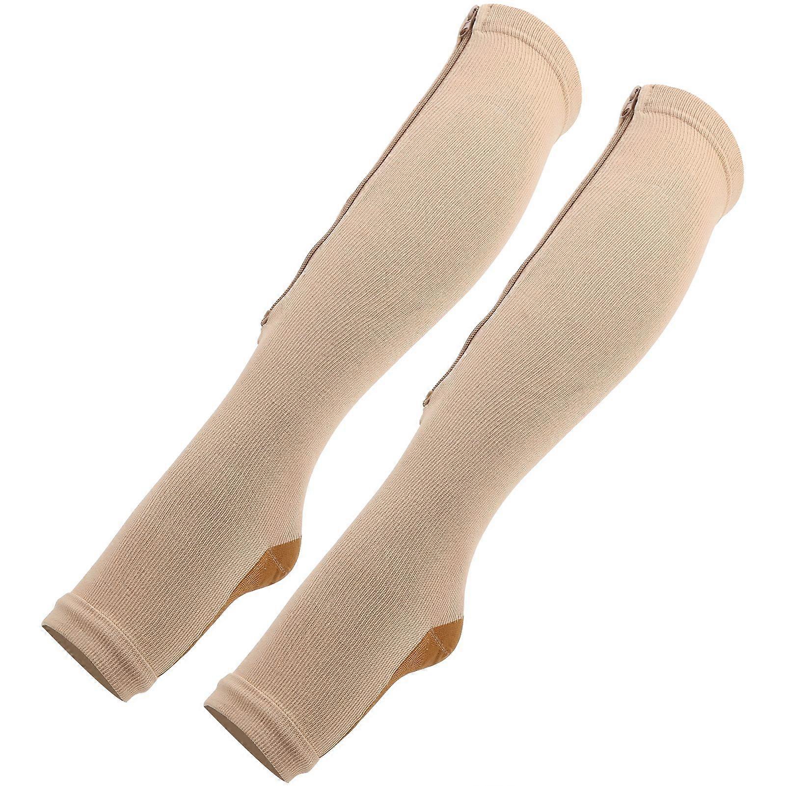 1Pair Zipper MidCalf Length Sock Compression Stockings Slim Leggings Stretch Socks Open Toe(Zipper Socks(Skin Color Bronze Bottom) L/XL)