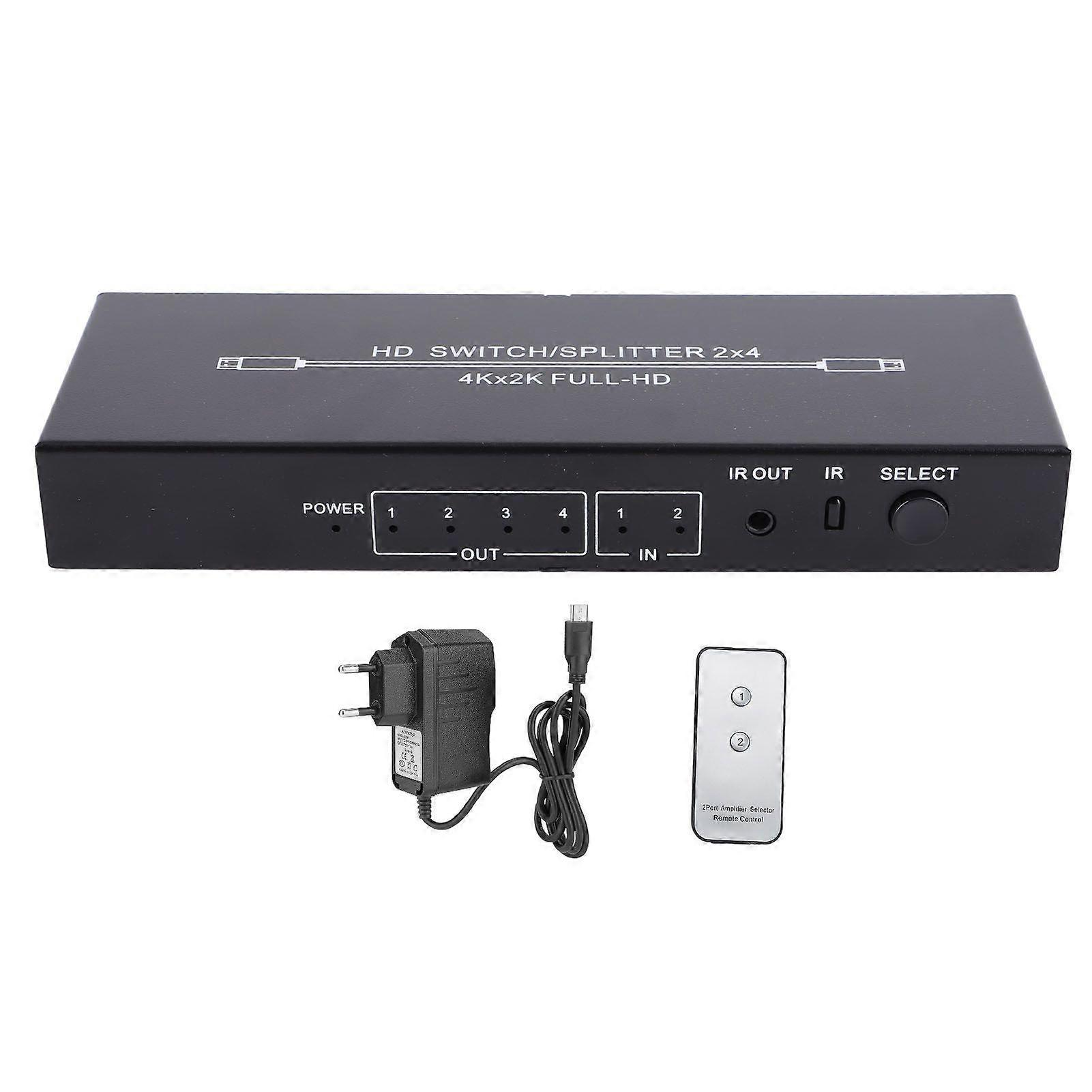 HD Multimedia Interface Splitter 2 in 4 Out 4K HD Switcher with Remote Control for Monitors TVs Projectors 100240V EU Plug