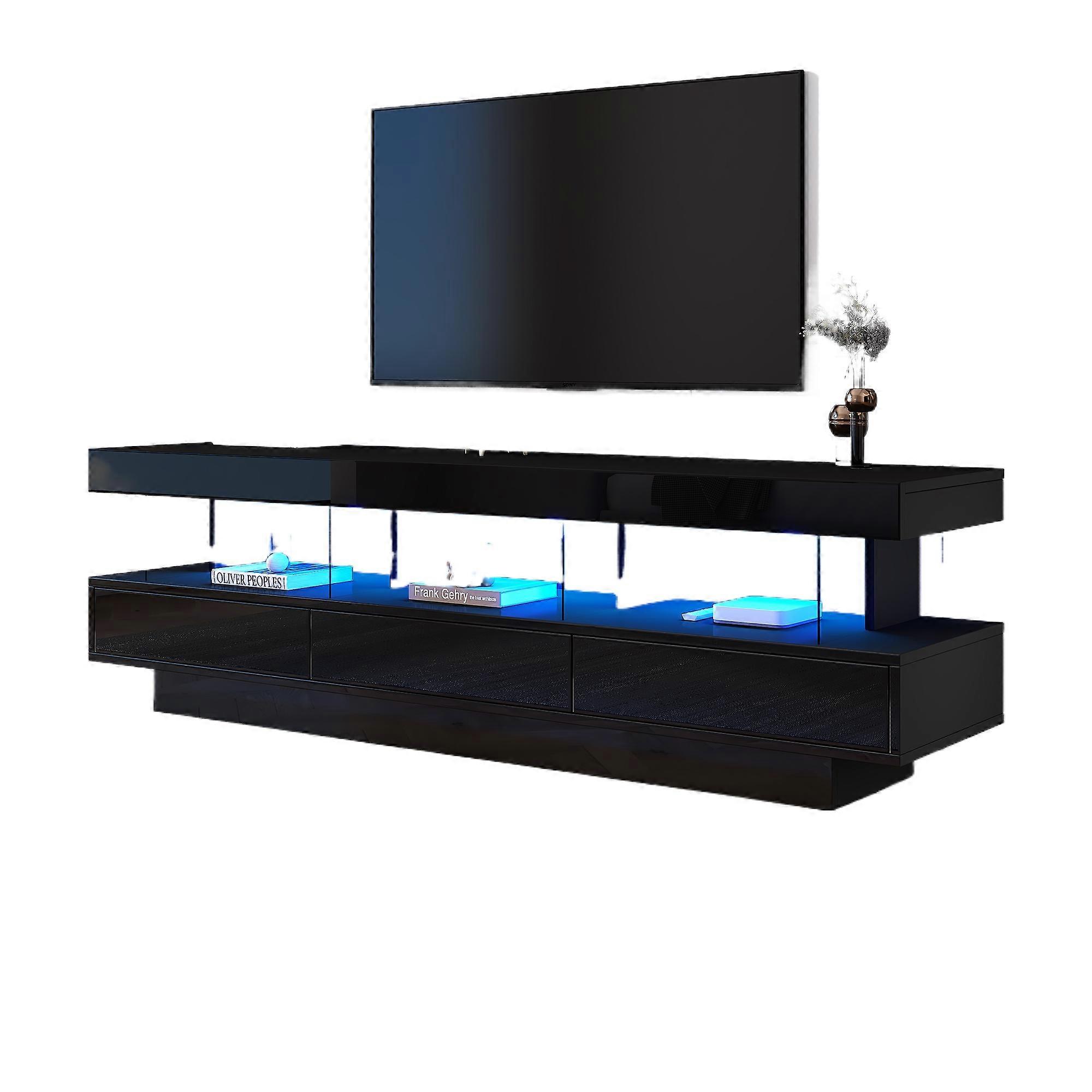 Smart LED Glass TV Stand Black High Gloss 70 Inch Bluetooth App Control