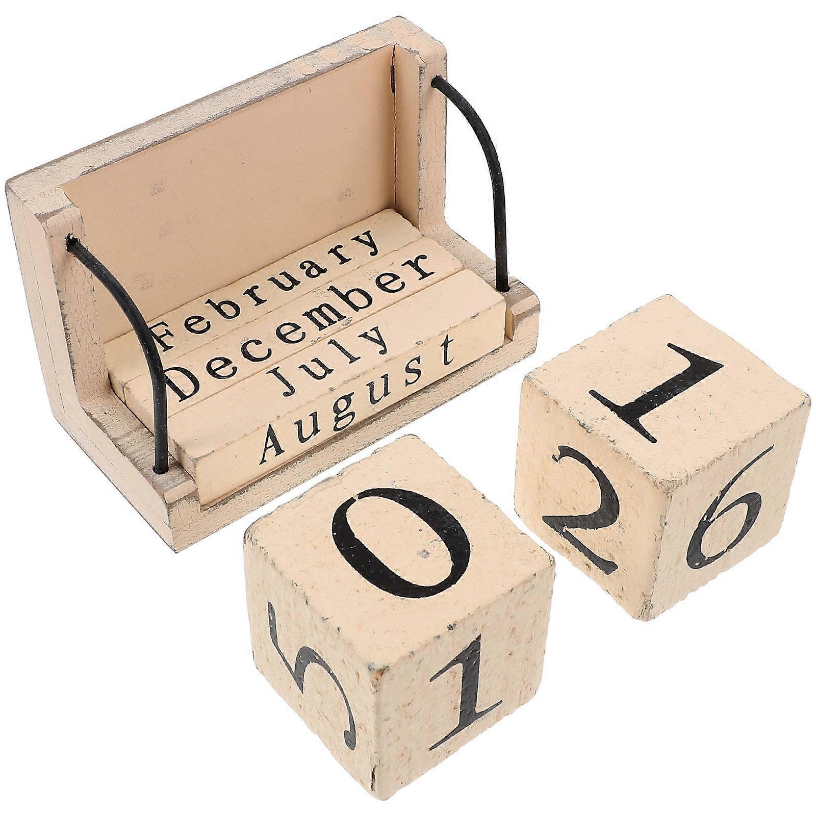 Wooden Desk Calendar Block for Office Decoration 2Pcs Beige Burned Effect