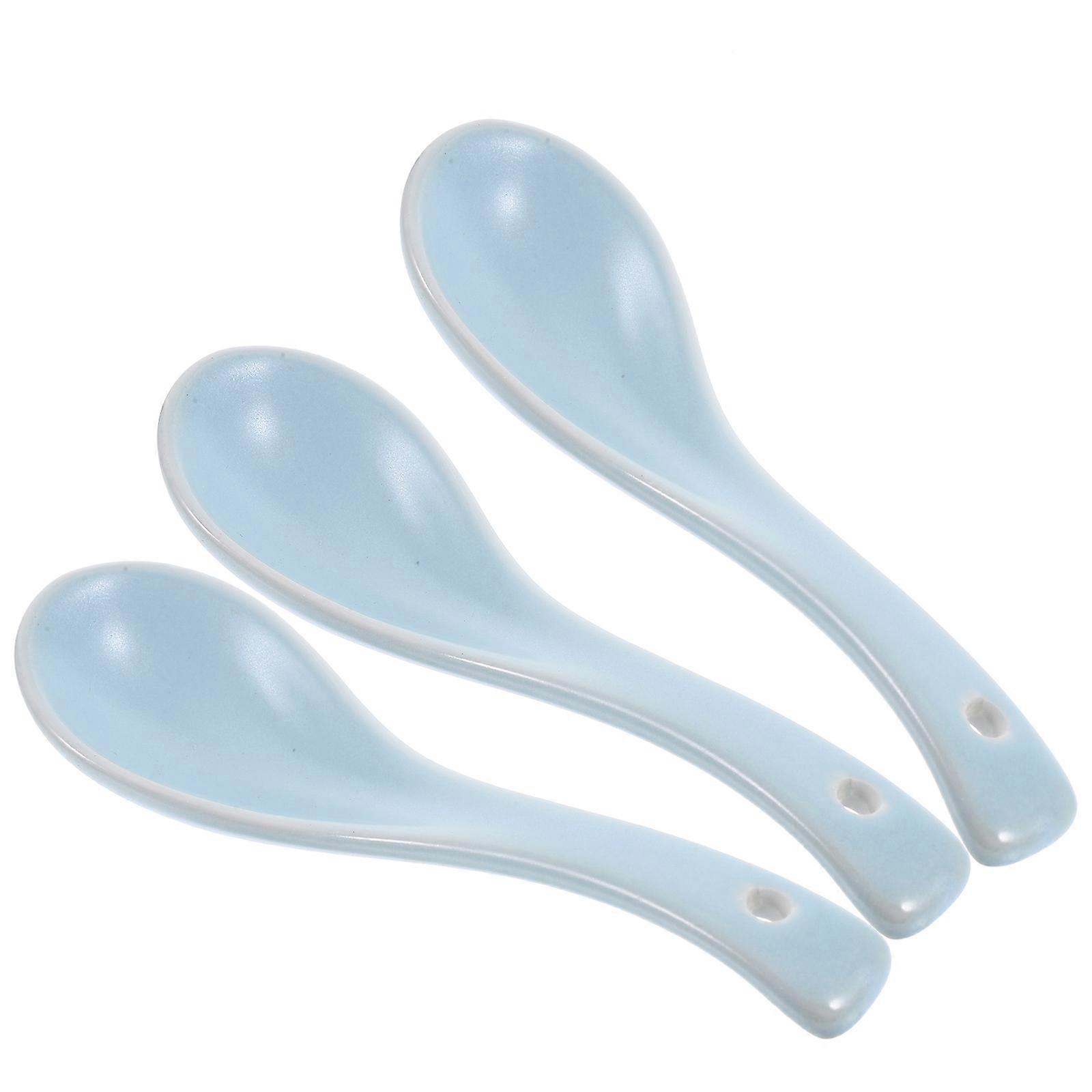 Ceramic Porridge Spoon Short Handle Spoon for Kitchen Use 6Pcs Sky-Blue