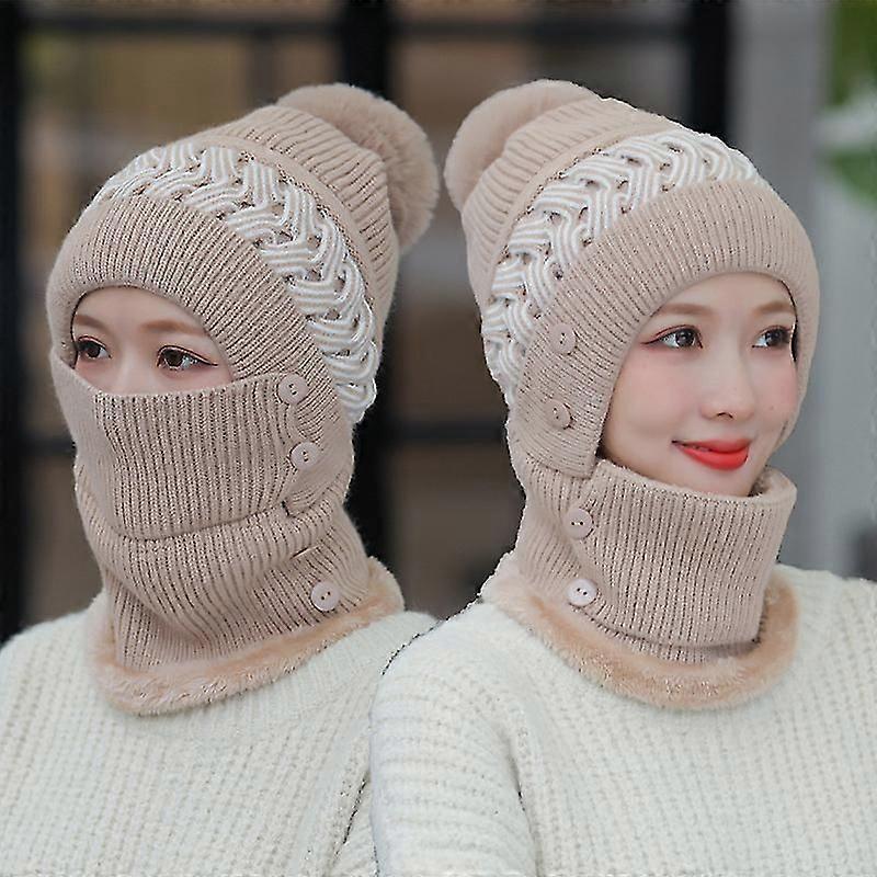 针织 Pom 无檐便帽帽子围巾套装女装男士冬季滑雪帽懒散骷髅帽，羊毛衬里