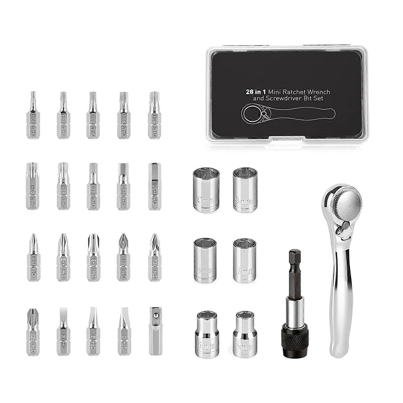 Ergonomic 28 in 1 Compact Ratcheting Wrench Screwdriver Set With Magnetic Bits And 72 Tooth Precise Gear For Tight Space Multicolor