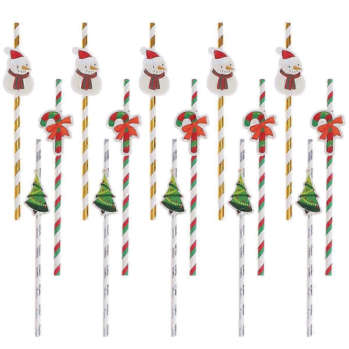 30pcs Christmas Straws Decor Christmas Party Straws Cartoon Paper Straws Drinking Straws (Christmas Tree Christmas Crutch Christmas Snowman)
