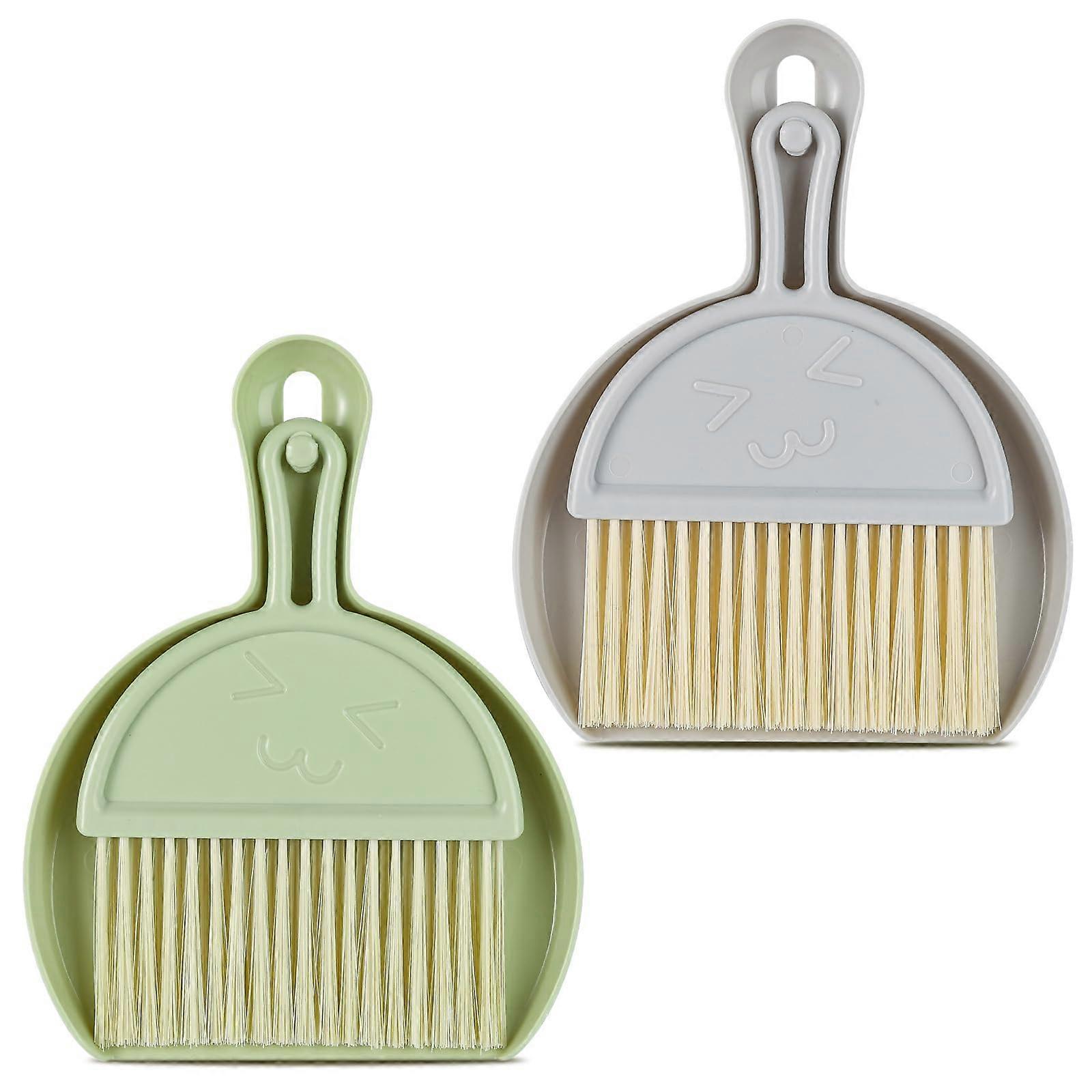 Small Broom and Dustpan Set 2 Pack Mini Brush for Table, Countertop, Sofa, Keyboard Cleaning Grey Green