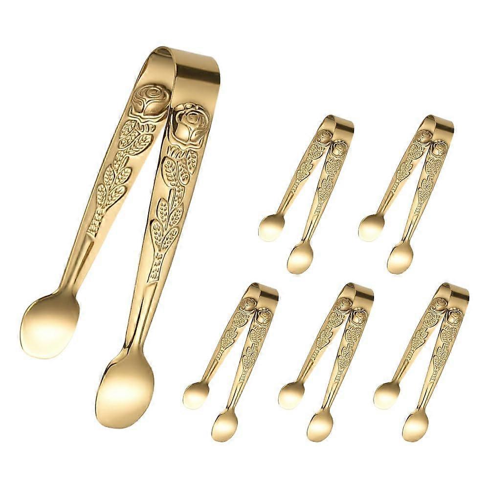 Mini Serving Tongs Set of 6 Stainless Steel Rose Design for Sugar Cubes, Ice, Cheese, Lemon
